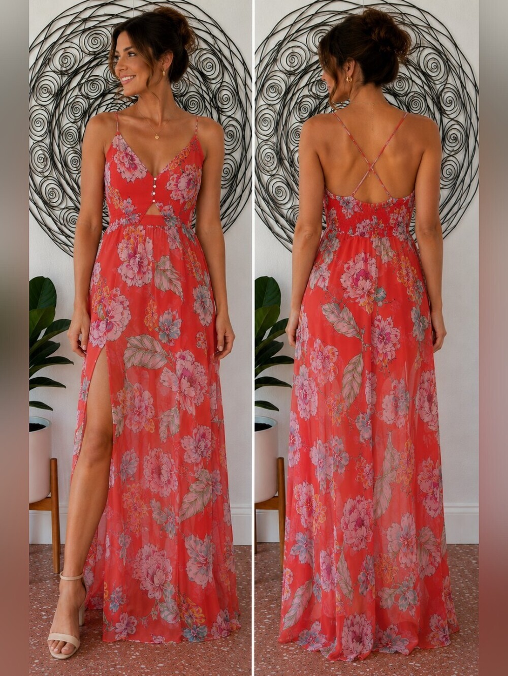 Candie’s Women’s Small Floral Maxi Dress Coral Pink Spaghetti Strap High Slit